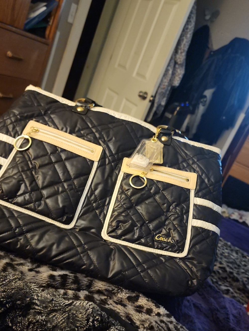Coach Black Quilted Tote with Cream Trim and Gold Hardware